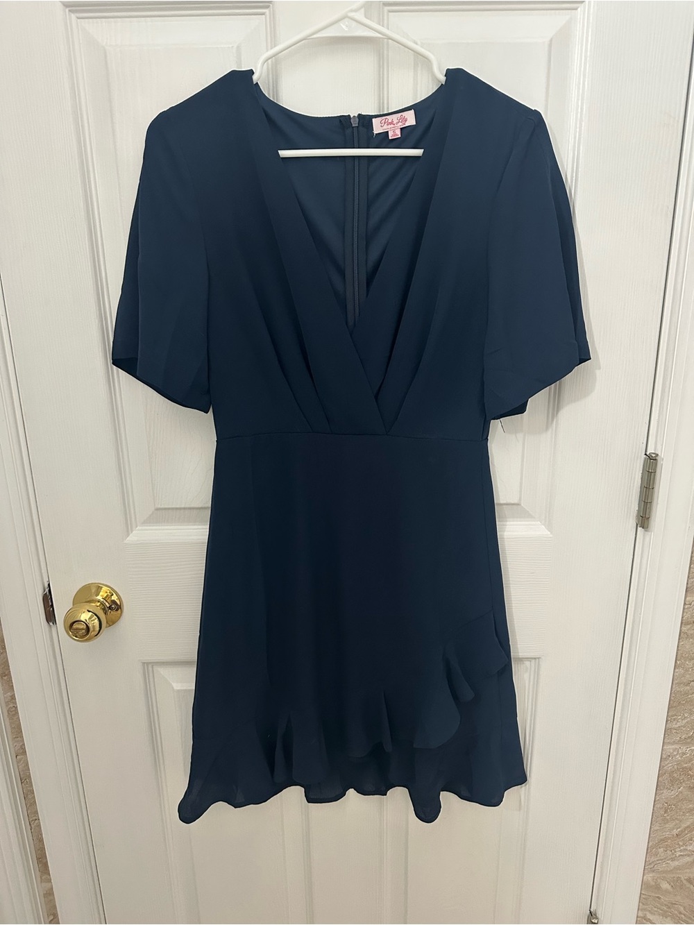 Pink Lily Navy Blue V-Neck Ruffle Hem Dress
